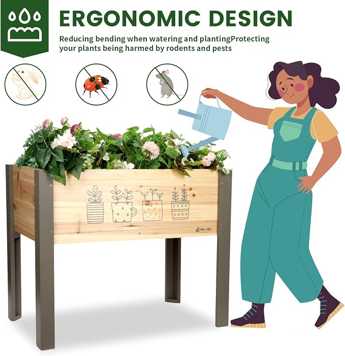 Raised Garden Bed for Kids - 30”L*16”W*24”H Elevated Wooden Planter Box Stand, Backyard, Patio, Balcony w/Bed Liner, 170lb Capacity (Green)