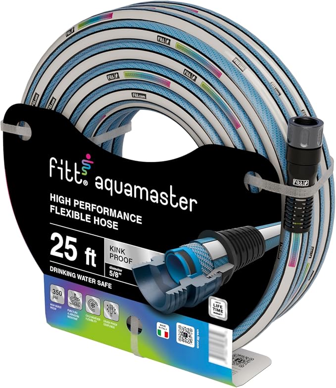 FITT Aquamaster 5/8’’ 25ft, high performance flexible Garden Hose for intensive Use. Kink-proof