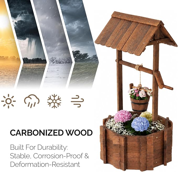 VINGLI Wooden Wishing Well Outdoor Planters, Well Covers for Yard with 4 Reinforced Rods, Height Adjustable Hanging Bucket, Rustic Flower Pot Decor for Outside Patio Garden(Carbonized, 25" Width)