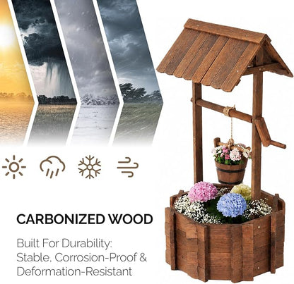 VINGLI Wooden Wishing Well Outdoor Planters, Well Covers for Yard with 4 Reinforced Rods, Height Adjustable Hanging Bucket, Rustic Flower Pot Decor for Outside Patio Garden(Carbonized, 25" Width)