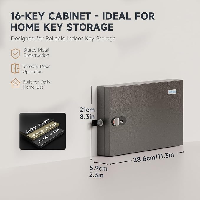 WeHere 16 Key Lock Box - Wall Mounted Key Cabinet with 3-Digit Combination Lock & Backup Key, Key Organizer Lockbox for Home, Office, Rental, Property Management, Includes Key Tags