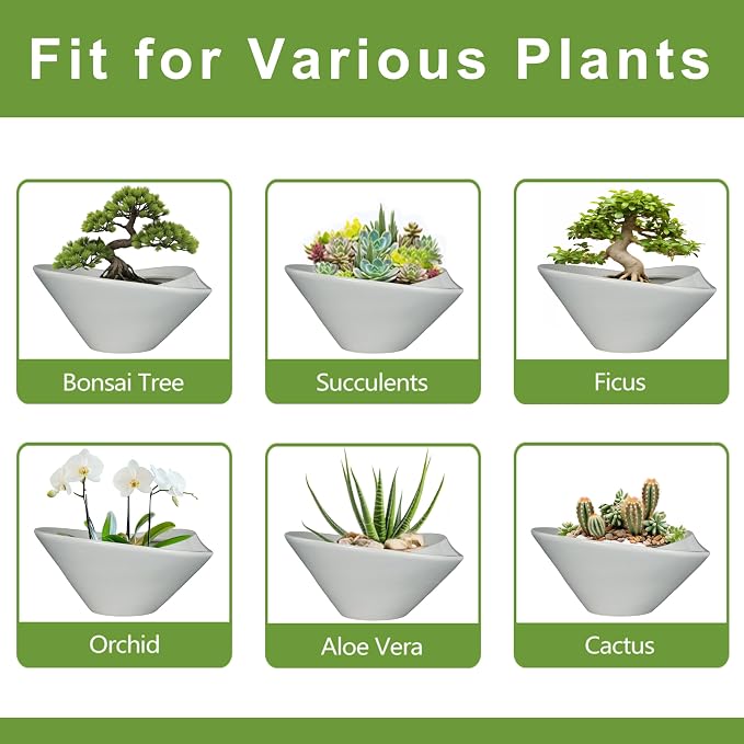 Bonsai Pots 13 Inch - Ceramic Succulent Pots with Drainage Hole Decorative Plant Pot Indoor Large Outdoor Planter Modern Flower Pot for Home Garden Office Room Decor Gray