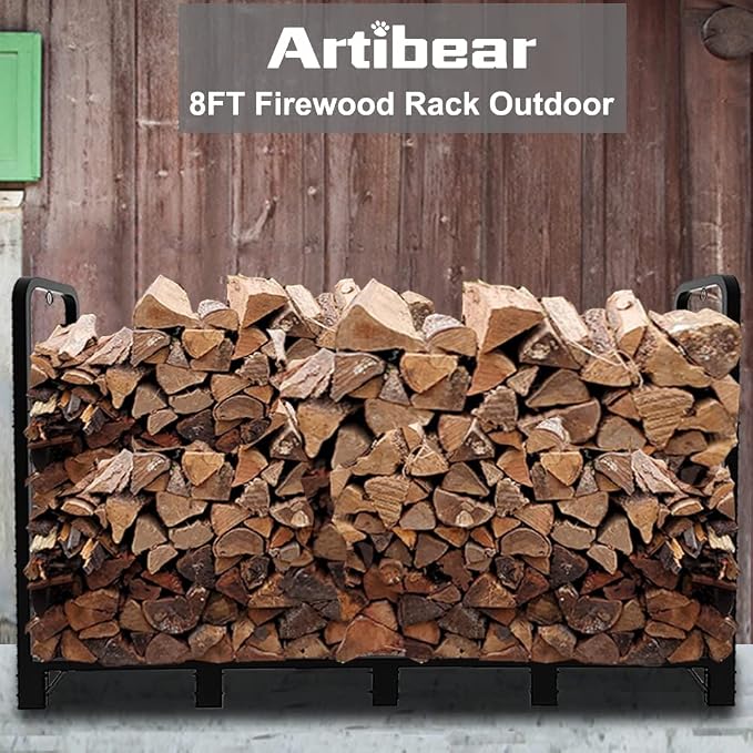 8ft Outdoor Firewood Rack, Upgraded Heavy Duty Logs Stand Stacker Holder for Fireplace - Metal Lumber Storage Carrier Organizer, Bright Black