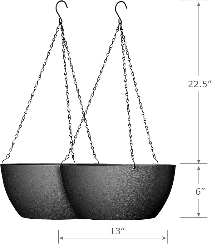 WSMKSZ 13 inch Large Hanging Planters Plant Pots for Outdoor Indoor Plants with Drainage Holes and Chain, 2 Pack Round Hanging Flower Pots for Garden Home Porch Decor, Black