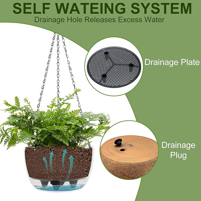 BAYN 2 Packs Solar Hanging Basket Planters for Plants Outdoor | Self Watering, Bronze Flower Pots with Solar Light , Hanging Planters with Drainer for Balcony Patio Garden Decoration
