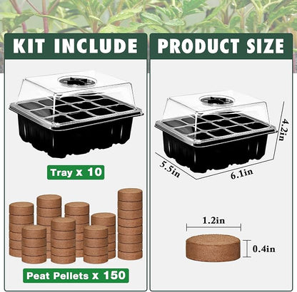 ZeeDix 10 Set Seed Starter Tray Kits, 10 Pack Seed Trays with 150 Pack Coco Coir Pellets, Adjustable Humidity Germination Tray with Dome Lids for Indoor Plants, Mini Greenhouse for Vegetables Garden