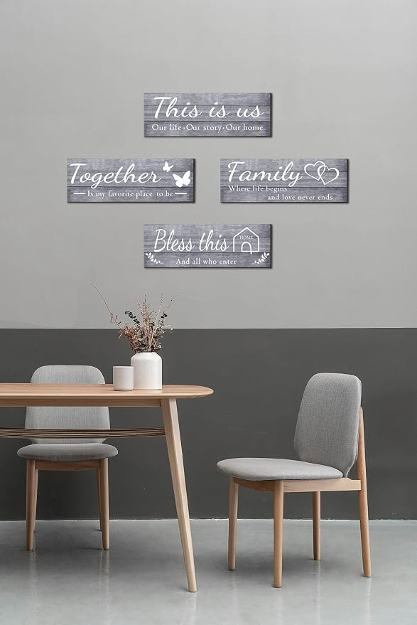 Joyhawk 4 Pieces Wall Decor Signs, THIS IS US, TOGETHER, BLESS THIS HOME, FAMILY Rustic Wooden Farmhouse Wall Art Décor For Living Room Bedroom Kitchen, , 4.7 x 13.8 Inch(Grey)