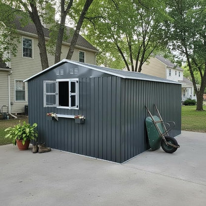 12x10 FT Outdoor Storage Shed,Tool Shed with 3 Openable Windows,Metal Building Backyard Shed w/Windowsill & Decorative Flower Rack,Lockable Single Door,Heavy Duty Waterproof,for Patio,Coal Gray