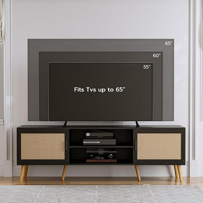 ZttRiee TV Stand with Rattan Doors for TVs up to 65", Mid-Century, Black | 54.7"W x 15.7"D x 18.9"H, 150 lbs capacity, 2 rattan-door cabinets & 1 shelf (4 compartments), 2 cord holes, 6 wood feet