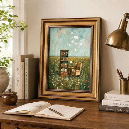 Gold Framed Vintage Book Nook Canvas Wall Art for Library Reading Room,Whimsical Bookshelf Print Pictures, Book Lover Wall Decor 12"x16"