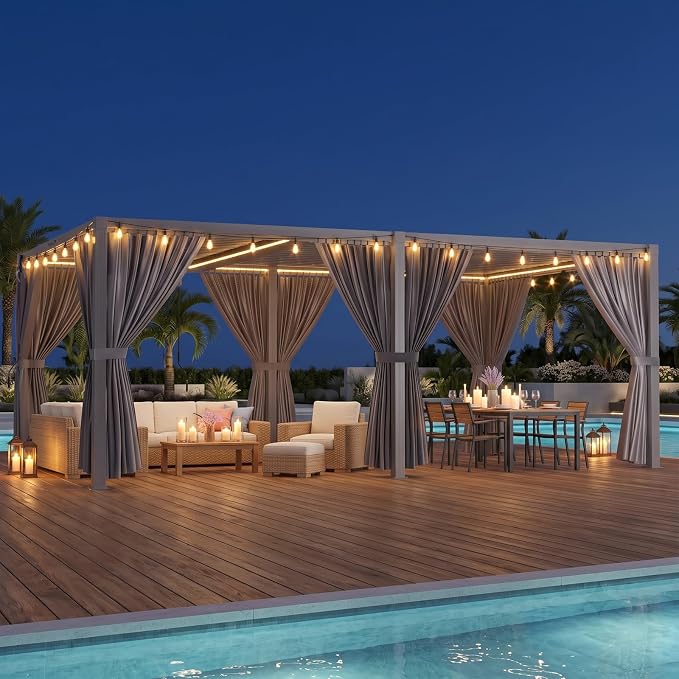 Louvered Pergola 12'x20' Outdoor Pergola with Roof, Heavy Duty Aluminum Frame & Waterproof Curtains, Hardtop Gazebo with Adjustable Louvers for Patio, Deck and Backyard, Gray