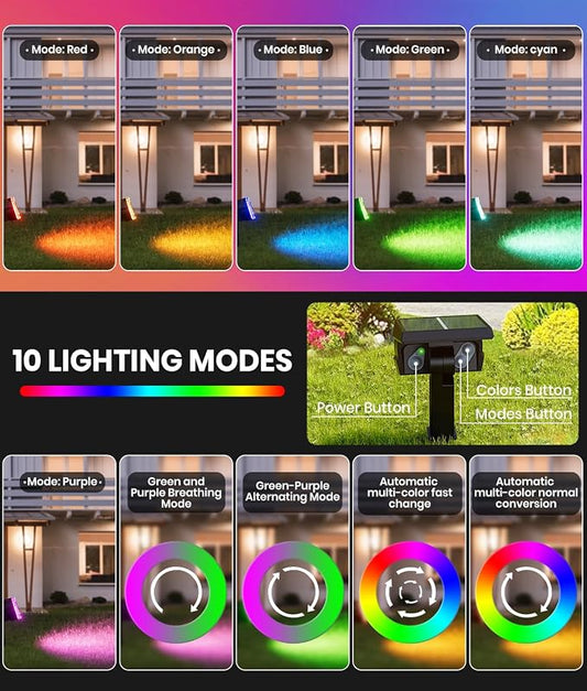 8-Pack Solar Spot Lights Outdoor Multicolor IP67 Waterproof RGB - 6 Colors, 10 Modes, 105° Adjustable Uplights, 58 LED Flood Lights, Valentine's Spotlights for Yard/Garden/Landscape Lighting Outside
