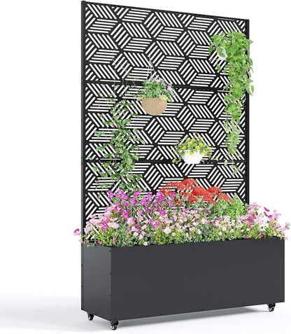 GarveeLife Metal Planter Box with Trellis and Wheels, 71"x47"x16" Raised Garden Bed for Climbing Plants, Vegetables, Vines, Privacy Planters for Patio with Drainage Holes, 15.7" Deep Planting Bed