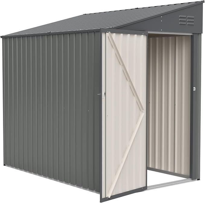 YOPTO 4x7 FT Lean to Storage Shed, Outdoor Metal Wall Side Storage Sheds with Lockable Door,Small Garden Tool Shed for Backayrd, Patio,Lawn,Easy Assembly,Gray