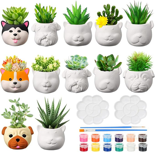 Hushee 12 Sets Ceramic Succulent Planters Paintable Succulent Plant Pots Small DIY Figurines Unpainted Pots with Drainage Hole Color Paints Paintbrushes Palettes