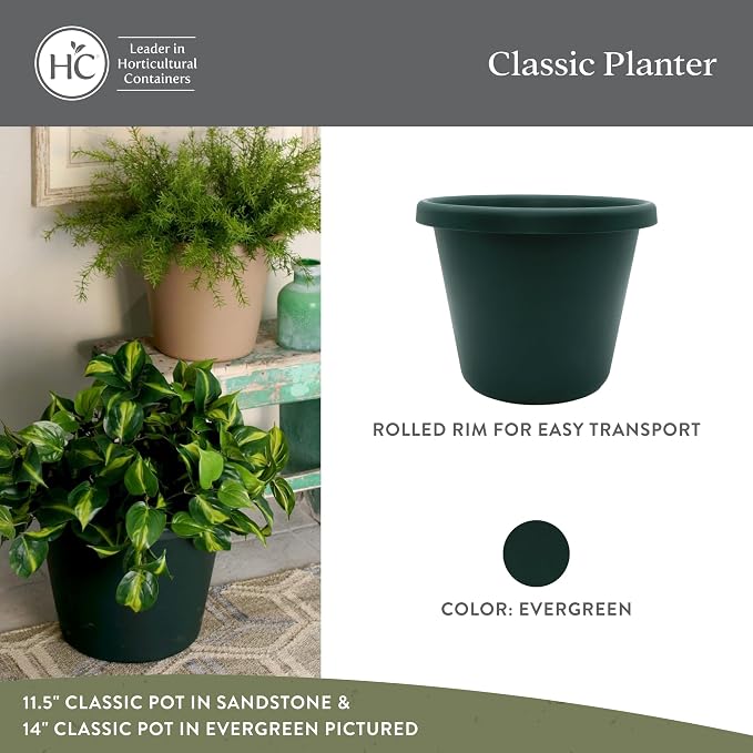 The HC Companies Classic Round Plastic Plant Pot w/Rolled Rim - Lightweight & UV Resistant Flower Pot for Herbs & More - Outdoor & Indoor Plant Pots w/Drainage (15.5 inch Evergreen, Pack of 1)