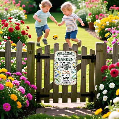 Garden Metal Tin Sign,Welcome To Our Garden Sign | Vintage Funny Wall Art for Outdoor Garden Wall Decor,Gifts for Plant Lovers Women Gardeners