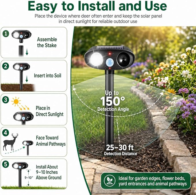 2026 4Pack Sonic Fortress Pro Deer Repellent Devices Solar Ultrasonic Animal Repellent with Motion Sensor&Flash Light-IP65 Waterproof Cat Repellent Outdoor,Rabbit Fortress Pro for Flowers,Plant