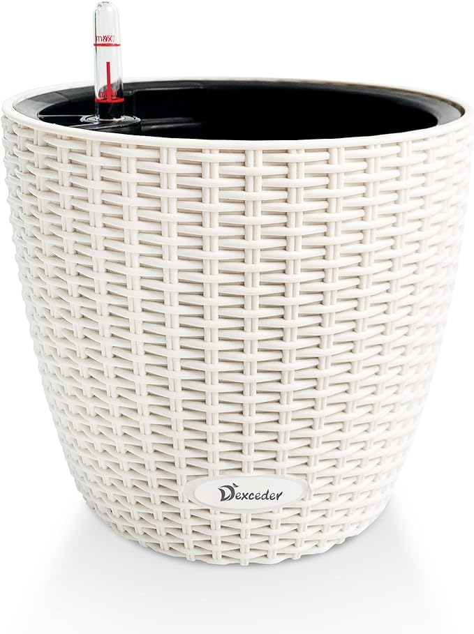 Dexceder 11x10 Self Watering Planter (Ivory White Rattan) | Inner Pot Design, Thickened Table Flower Plant Pot with Water Level Indicator Indoor Outdoor