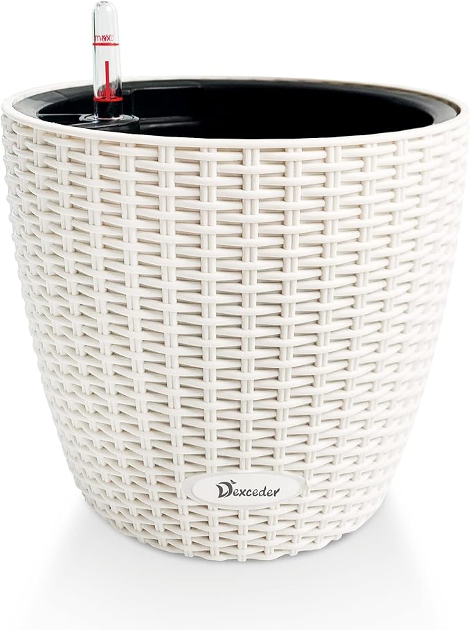 Dexceder 9x8 Inches Rattan Self Watering Planter Indoor Outdoor, Inner Pot Design, Thickened Table Flower Plant Pot with Water Level Indicator (Ivory White) | Inner Pot Design, Thickened Table Flower Plant Pot with Water Level Indicator Indoor Outdoor