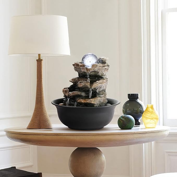 WICHEMI Indoor Water Fountain Tabletop Fountain Stacked Rock with LED Light | Relaxing Water Feature, Meditation Fountain, Soothing Sound, Stress Relief, For Home Office Bedroom Decor, 7.8"x7.8"x7.9"