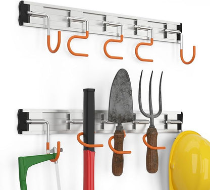 HUPBIPY 34.5'' Aluminum Alloy Garden Tool Organizer Wall Mount Garage Organizers and Storage with Hooks Tool Hangers for Shed Hooks for Shovel, Rake, Broom & More
