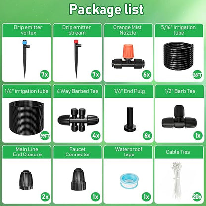 125FT Drip Irrigation System, Automatic Drip Irrigation Kit with 5/16" Main Tube & 1/4" Branch Tubing, Adjustable Drip Emitters, Garden Watering System for Flower Bed, Raised Beds, Lawn, Greenhouses