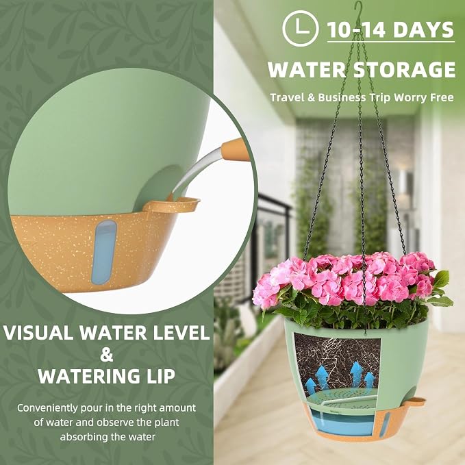 ZMTECH 12 Inch Large Self Watering Hanging Planters for Indoor Outdoor Plants - Water Level Indicator & Removable 60 Oz Reservoir, 1 Pack Plastic Hanging Basket for Window Porch Garden Balcony, Green