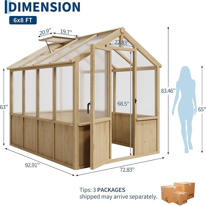 Garvee 6x8 FT Wooden Greenhouse - Walk-in Greenhouses for Outdoors, Large Spruce Frame Green House with PC Panels, Adjustable Roof Vents & Lockable Door, Green Houses for Garden,Backyard,Patio,Lawn