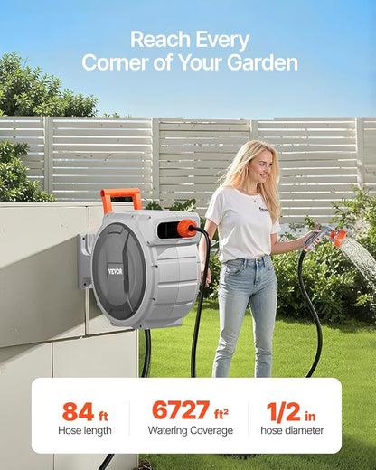 VEVOR Retractable Garden Hose Reel, 1/2 Inch x 84 ft Wall Mounted Heavy Duty Garden Hose Reel with 9 Patterns Nozzle, Any Length Lock, Upgraded Slow Return System and 180°Swivel Bracket | Heavy Duty Garden Tool with 9 Patterns Nozzle, Any Length Lock, ...