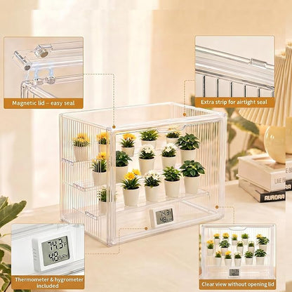 Clear Mini Greenhouse Indoor, Small Portable Tabletop Greenhouse with Indoor Greenhouse Door Thermometer and Hygrometer for Seed Starting, Plant Cabinet Grow Warmer and Home Gardening Display
