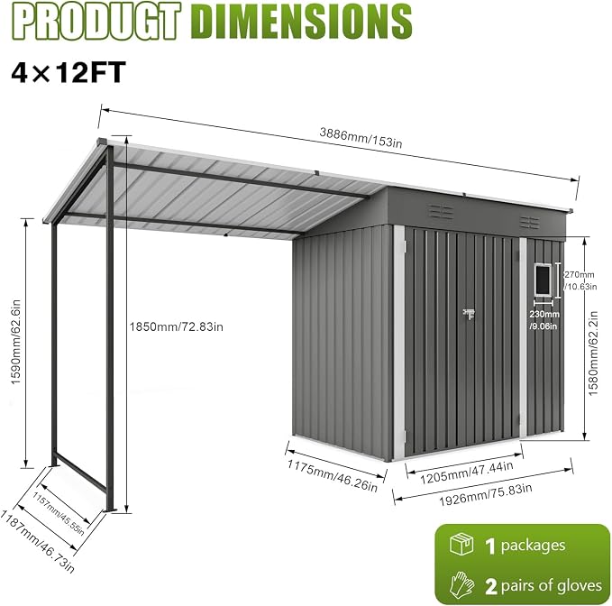 YOPTO 12x4 FT Metal Lean to Shed with Open-Sided Pergola,4x6 FT Outdoor Storage Shed & 6x4 FT Attached Hardtop Gazebo Combo,2-in-1 Durable Garden Tool Shed for Patio, Backyard, Deck,Gray
