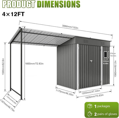 YOPTO 12x4 FT Metal Lean to Shed with Open-Sided Pergola,4x6 FT Outdoor Storage Shed & 6x4 FT Attached Hardtop Gazebo Combo,2-in-1 Durable Garden Tool Shed for Patio, Backyard, Deck,Gray