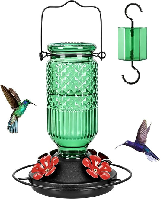 FEED GARDEN Glass Hummingbird Feeder, 16oz Outdoor Hanging Bird Feeder with Ant Moat, 4 Bee-Proof Feeding Ports, 360° Perch, Leak-Proof, Green