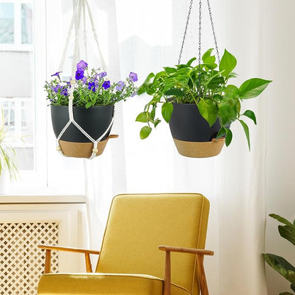 Meowell 10 inch Self Watering Hanging Planters, 2 Pack Hanging Flower Pots for Indoor Outdoor Plants, Hanging Baskets with Drainage Holes & 2 Kinds of Plant Hangers for Garden Home Decor, Black Brown