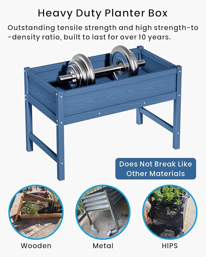 Weatherproof Raised Garden Bed, HDPE Outdoor Elevated Planter Box with Legs, Garden Box, Flower Beds for Patio, Deck, Balcony (Navy Blue)