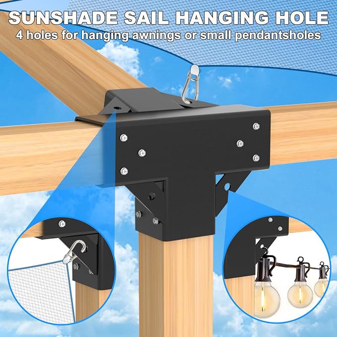 15° Lean Pergola Kit 4x4(Inner 3.64x3.64), 4-Way Slanted Pergola Roof Bracket, Post Base-Angled 4x4 Wood Post Bracket-DIY Gazebo Brackets-Hardware Kit for Outdoor Wood Beam Post Sunroom Carport Cabin