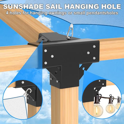 15° Lean Pergola Kit 4x4(Inner 3.64x3.64), 4-Way Slanted Pergola Roof Bracket, Post Base-Angled 4x4 Wood Post Bracket-DIY Gazebo Brackets-Hardware Kit for Outdoor Wood Beam Post Sunroom Carport Cabin
