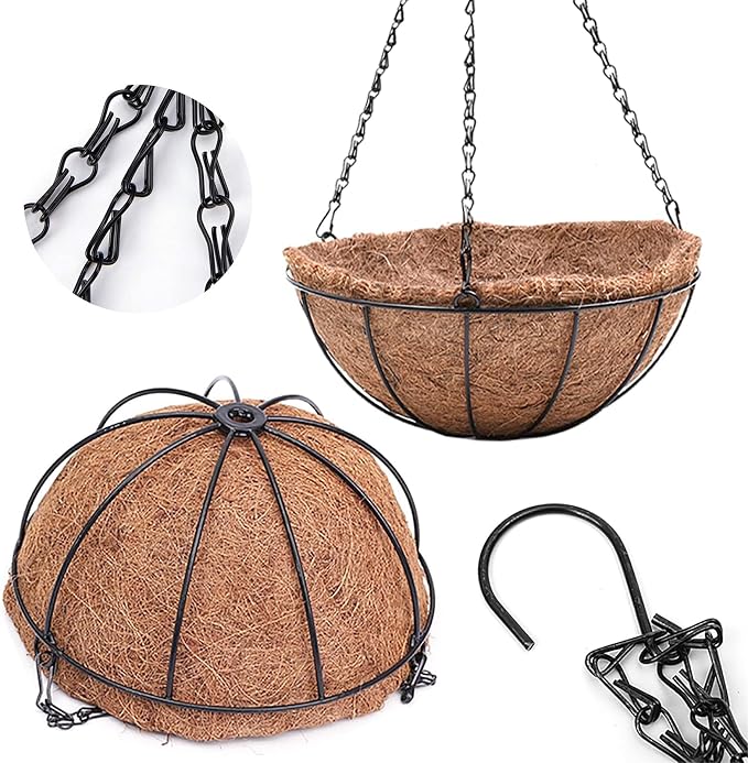 EIMQUVW 4 Pack Hanging Planter Basket Outdoor Large Hanging Flower Pots Indoor 12 inch with Coco Coir Liner Round Wire Plant Holder Chain Hanging Basket Garden for Home Decor Balcony Office1