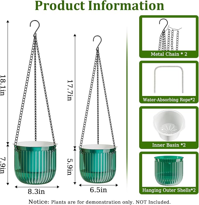 Halatool 2 Pack Self-Watering Hanging Planters for Indoor Plants, 6.5" & 8.3" Outdoor Flower Pots with Drainage Holes, Visible Water Level Indicator for Wall, Garden, Home Decor (Peacock Green)