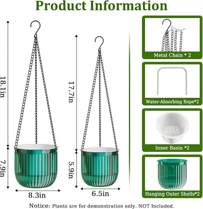 Halatool 2 Pack Self-Watering Hanging Planters for Indoor Plants, 6.5" & 8.3" Outdoor Flower Pots with Drainage Holes, Visible Water Level Indicator for Wall, Garden, Home Decor (Peacock Green)