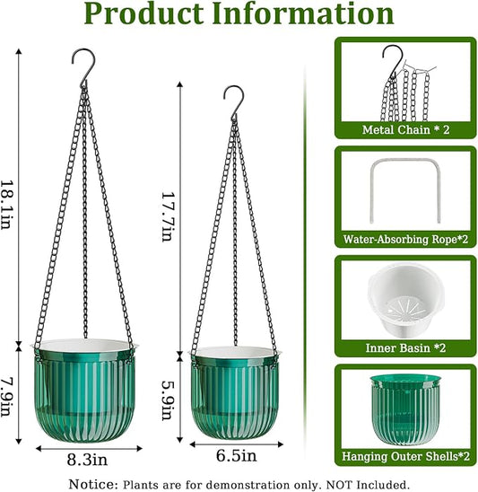 Halatool 2 Pack Self-Watering Hanging Planters for Indoor Plants, 6.5" & 8.3" Outdoor Flower Pots with Drainage Holes, Visible Water Level Indicator for Wall, Garden, Home Decor (Peacock Green)