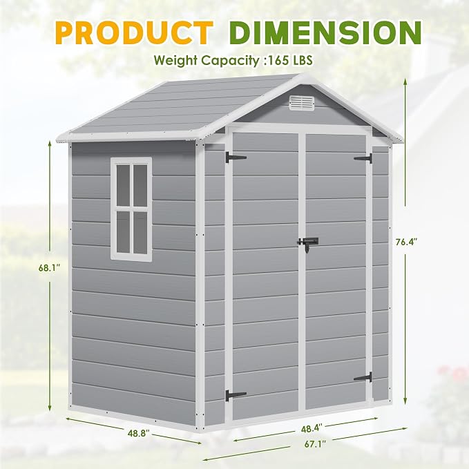 Greesum 6x4FT Plastic Outdoor Storage Shed, Resin Shed with Floor and Window, Tool Sheds with Lockable Door and Vent, for Garden, Garage, Backyard, Lawn, Light Gray