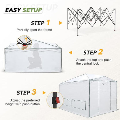 EAGLE PEAK 12x8 Portable Walk in Greenhouse, Pop Up Indoor Outdoor Greenhouse, Green House Kit with Zippered Roll-Up Doors, Windows + Support Pole, Woven Cover, Translucent