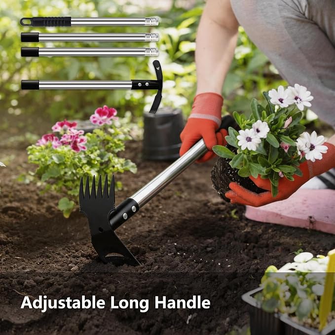 Mitclear Weed Remover Tool with Long Handle(58IN), 2-in-1 Hand Weed Puller with Rake & Garden Hoe Combo for Gardening, Manual Weeding Tools for Gardens, Yards, Patios, Lawns, and Paved Areas