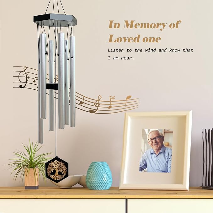 Wind Chimes for Outside, Sympathy Wind Chimes, Memorial Wind Chimes in Memory of Loved One, Sympathy Gift, Tree of Life Wind Chime Decor for Home Outdoor Garden Yard Patio 33" Silver