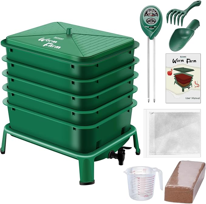Blütezeit 5-Tray Worm Compost Bin, 53QT Worm Composter Indoor & Outdoor, Worm Farm Starter Kit for Vermicomposting, Recycling Food Waste (Green)