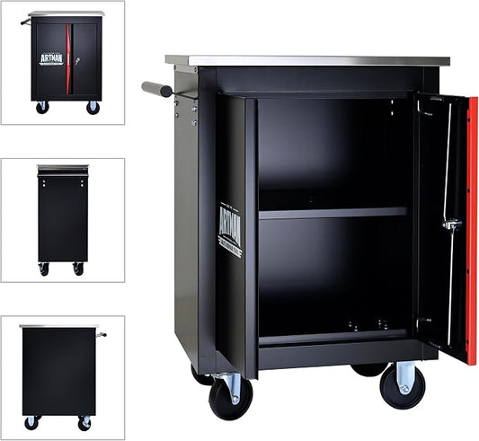 Heavy Duty Tool Chest, Lockable Stainless Top, Black&Red | Double-Door Mobile Tool Cabinet on Wheels for Garage Workshop and Storage