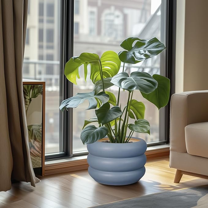 SQOWL 10 Inch Plant Pot Indoor - Ceramic Plant Pot with Drainage Hole Large Outdoor Planter Unique Flower Pot Modern Round Planter for Front Door Decor Gray