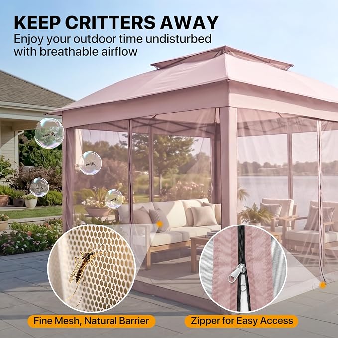 COOS BAY 11x11 Pop Up Gazebo with Mesh Netting, Instant Outdoor Canopy Tent, Water Resistant Shelter with UPF 50+ UV Protection, 121 Sq Ft Coverage, Pink